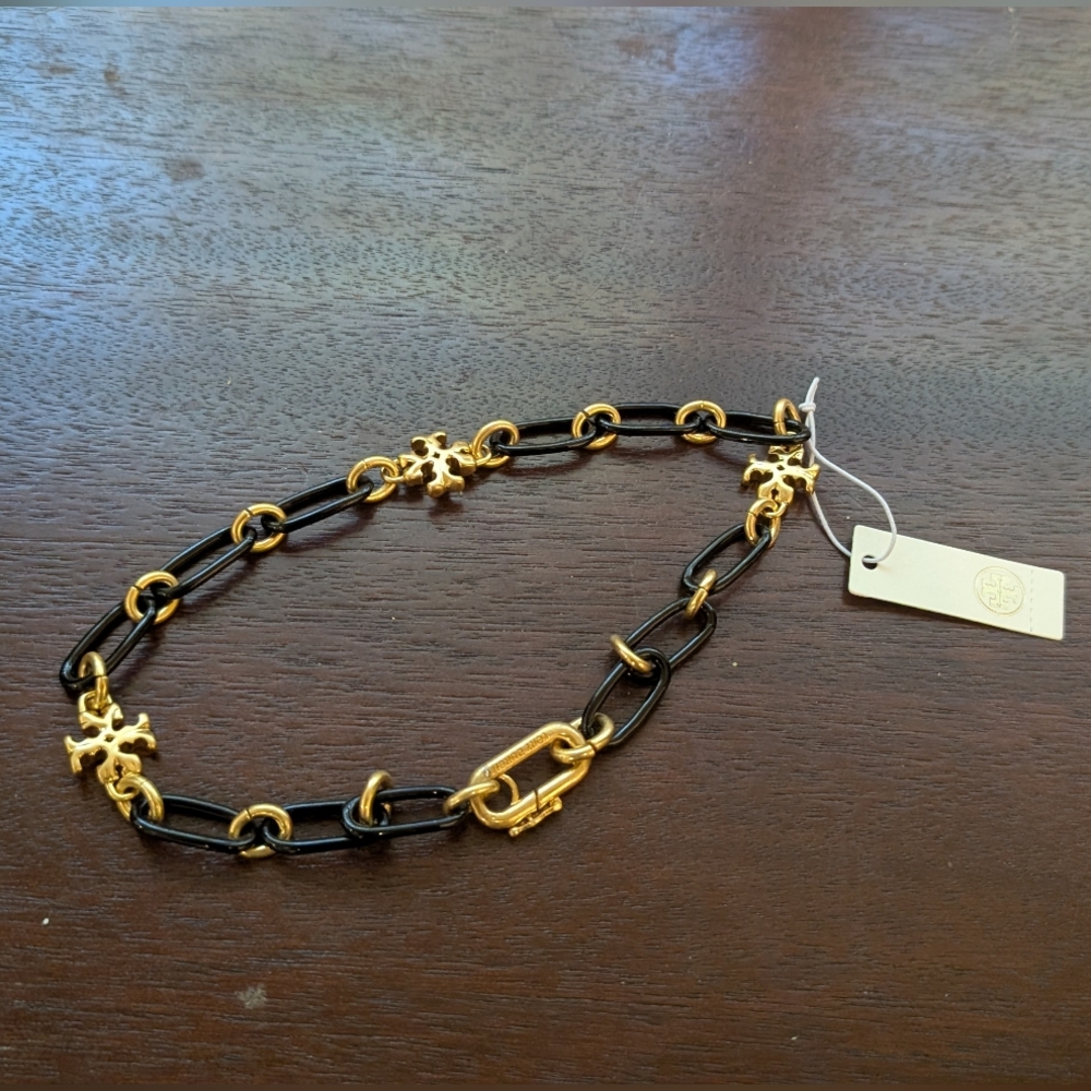 NWT Tory Burch Roxanne Black/Gold Link Necklace